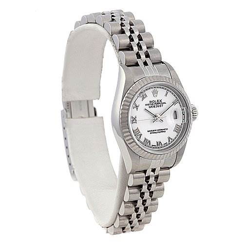 This image shows a Rolex Datejust 79174 Women's Stainless Steel White Dial 79174 Women's Stainless Steel White Dial watch angled to display the dial, bezel, crown, and bracelet.