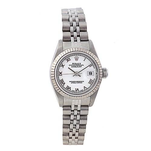 This image shows a front view of the Rolex Datejust 79174 Women's Stainless Steel White Dial 79174 Women's Stainless Steel White Dial watch, displaying its face, bezel, crown, and metal bracelet.