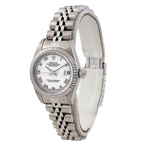 The image shows a side view of a Rolex Datejust 79174 Women's Stainless Steel White Dial 79174 Women's Stainless Steel White Dial watch, highlighting the bracelet and face with Roman numerals.