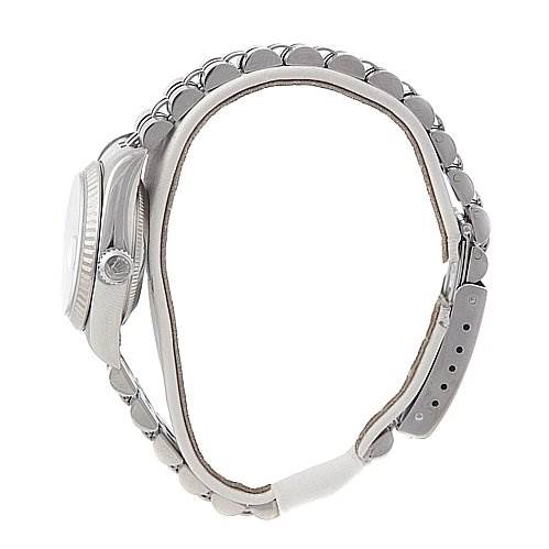 The image shows the side profile of a Rolex Datejust 79174 Women's Stainless Steel White Dial 79174 Women's Stainless Steel White Dial watch, highlighting the bracelet, case, and crown.