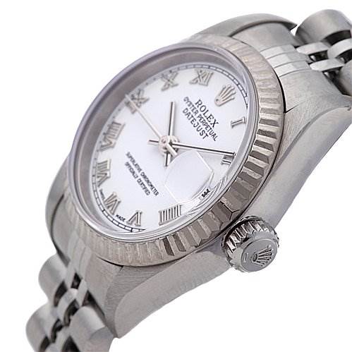 The image shows a side angle of the Rolex Datejust 79174 Women's Stainless Steel White Dial 79174 Women's Stainless Steel White Dial watch, highlighting the bezel, crown, dial, and part of the bracelet.