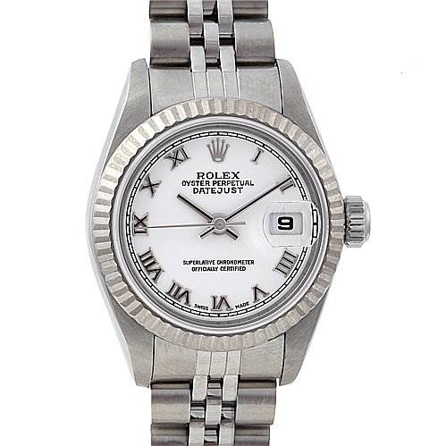 The image shows a Rolex Datejust 79174 Women's Stainless Steel White Dial 79174 Women's Stainless Steel White Dial watch from a front view, displaying its dial, bezel, and part of the bracelet.