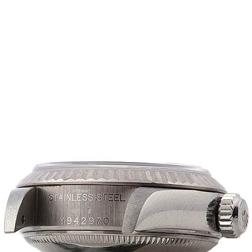 The image shows a side view of the Rolex Datejust 79174 Women's Stainless Steel White Dial 79174 Women's Stainless Steel White Dial watch, highlighting the stainless steel case, crown, and serial number.