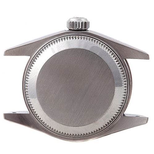 The image shows the back and the crown of a Rolex Datejust 79174 Women's Stainless Steel White Dial 79174 Women's Stainless Steel White Dial watch case, viewed from the rear.