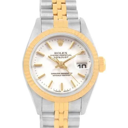 The image shows a front view of the Rolex Datejust 69173 Women's Stainless Steel White Dial 69173 Women's Stainless Steel White Dial watch, highlighting its dial, bezel, and bracelet.