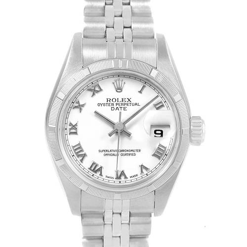 The image shows a frontal view of a Rolex Datejust 79190 Women's Stainless Steel White Dial 79190 Women's Stainless Steel White Dial watch, highlighting the dial, bezel, hands, bracelet, and crown.