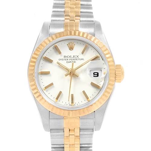 The image shows a Rolex Datejust 69173 Women's Stainless Steel White Dial 69173 Women's Stainless Steel White Dial watch from the front, highlighting the dial, bezel, and part of the two-tone bracelet.