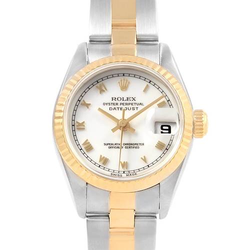 The image shows the Rolex Datejust 69173 Women's Stainless Steel White Dial 69173 Women's Stainless Steel White Dial watch face and part of its two-tone band from a front angle.