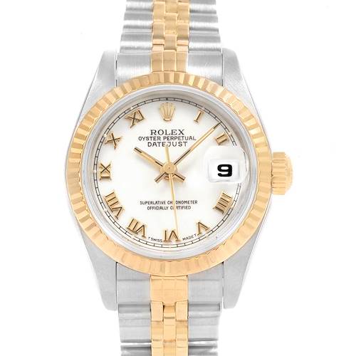 This is a front view of the Rolex Datejust 19784 Women's Stainless Steel White Dial 19784 Women's Stainless Steel White Dial watch showing its face, bezel, crown, and part of the bracelet.