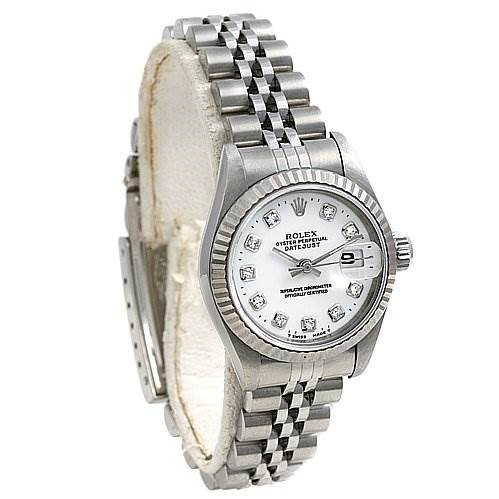 This image shows a Rolex Datejust 69174 Women's Stainless Steel White Dial 69174 Women's Stainless Steel White Dial watch at a slight angle, displaying the dial, bezel, case, and bracelet.