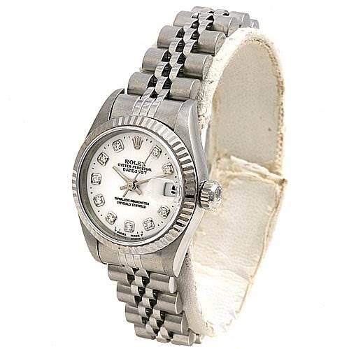 The image shows a front and slight side view of a Rolex Datejust 69174 Women's Stainless Steel White Dial 69174 Women's Stainless Steel White Dial watch, showcasing its dial, bezel, and bracelet.