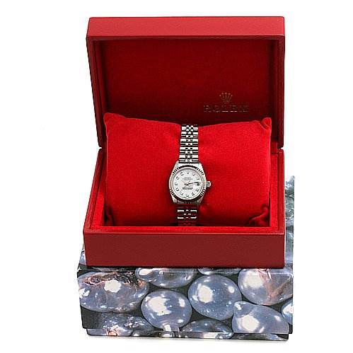 The Rolex Datejust 69174 Women's Stainless Steel White Dial 69174 Women's Stainless Steel White Dial watch is shown from a front angle, placed in an open red box with a bracelet visible.
