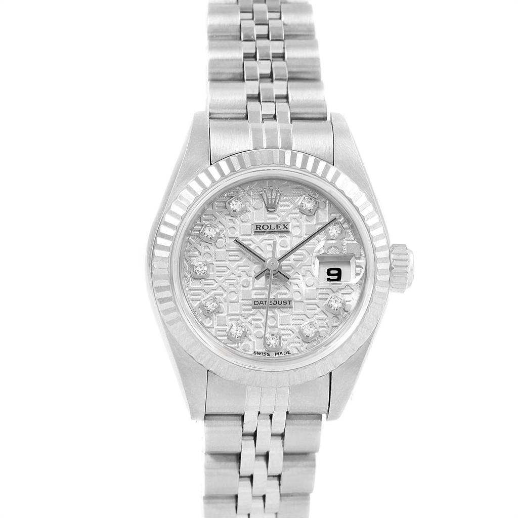 The image shows a front view of a Rolex Datejust 79174 Women's Stainless Steel Silver Dial 79174 Women's Stainless Steel Silver Dial watch, highlighting its bracelet, dial, bezel, and crown.