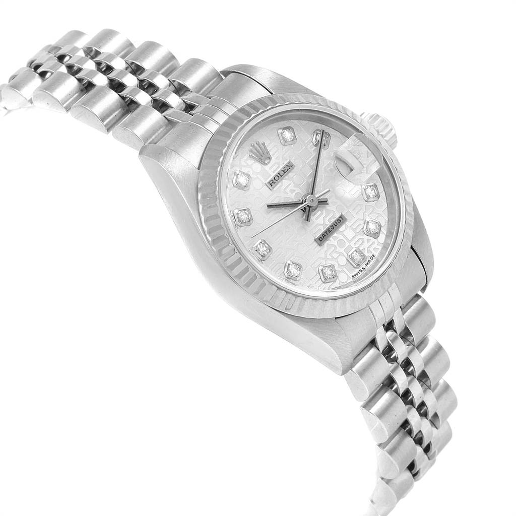This image shows a Rolex Datejust 79174 Women's Stainless Steel Silver Dial 79174 Women's Stainless Steel Silver Dial watch at a three-quarter angle, focusing on the face and bracelet.