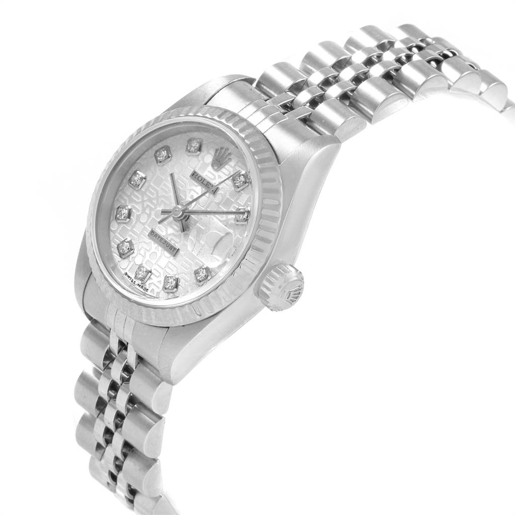 This image shows a close-up, angled view of the Rolex Datejust 79174 Women's Stainless Steel Silver Dial 79174 Women's Stainless Steel Silver Dial, highlighting the dial, bezel, crown, and bracelet.