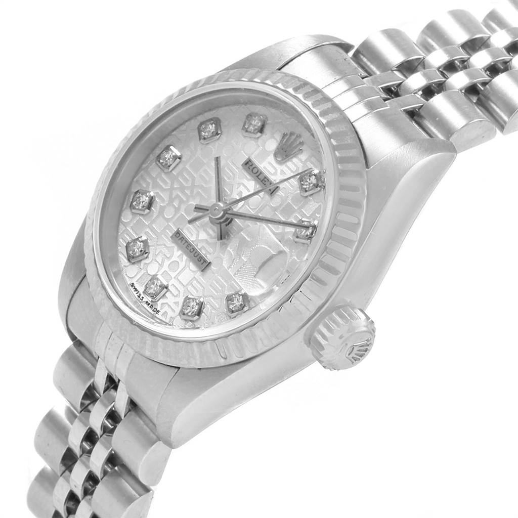 This image shows a close-up, angled view of the Rolex Datejust 79174 Women's Stainless Steel Silver Dial 79174 Women's Stainless Steel Silver Dial watch, highlighting its face, crown, and part of the bracelet.