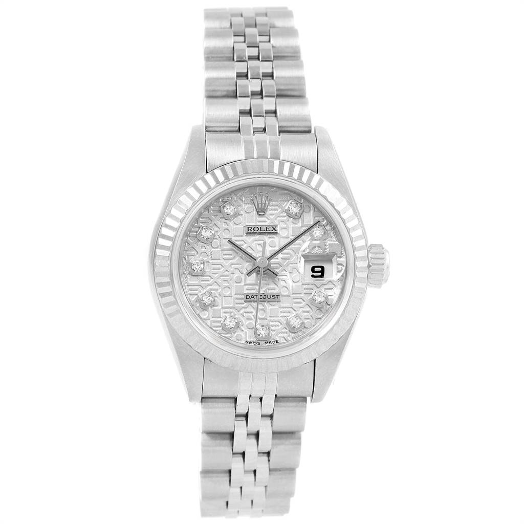 The Rolex Datejust 79174 Women's Stainless Steel Silver Dial 79174 Women's Stainless Steel Silver Dial watch is shown from the front, displaying its dial, bezel, crown, and bracelet.