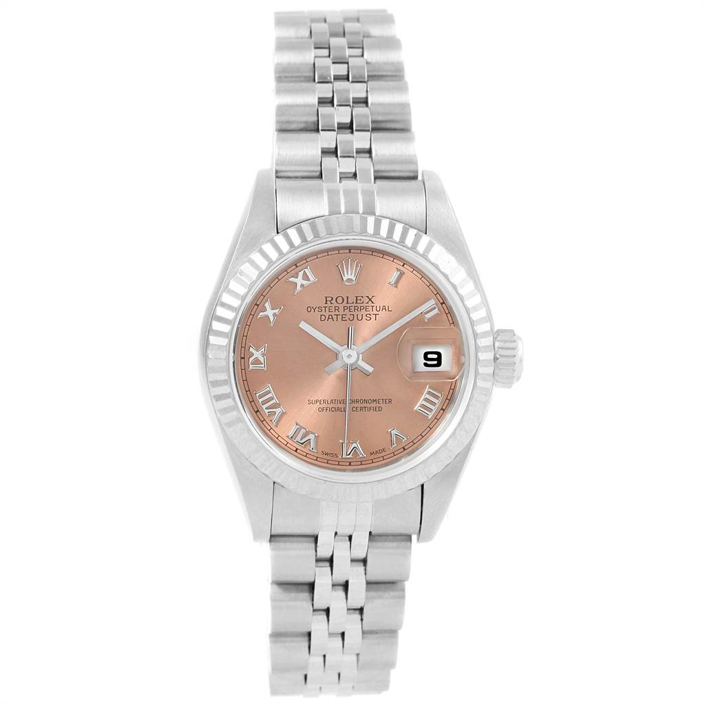 This image shows a frontal view of the Rolex Datejust 79174 Women's Stainless Steel Pink Dial 79174 Women's Stainless Steel Pink Dial watch, displaying its face, bezel, and bracelet.
