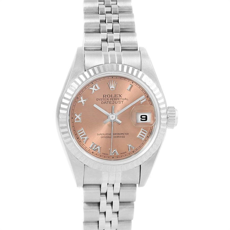 This image shows a Rolex Datejust 79174 Women's Stainless Steel Pink Dial 79174 Women's Stainless Steel Pink Dial watch from a top-down angle featuring the dial, bezel, crown, and bracelet.