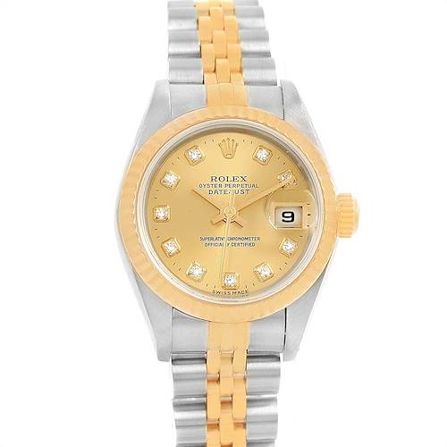 The image shows the face, bezel, and partial bracelet of a Rolex Datejust 79173 Women's Stainless Steel Champagne Dial 79173 Women's Stainless Steel Champagne Dial watch at a front angle.