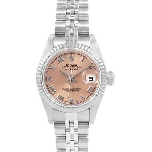 This image shows a frontal view of a Rolex Datejust 79174 Women's Stainless Steel Pink Dial 79174 Women's Stainless Steel Pink Dial watch, highlighting the dial, bracelet, and date display.