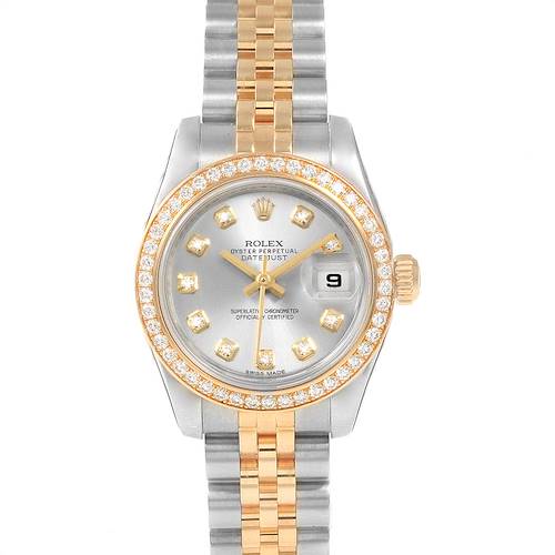 The image shows a Rolex Datejust 179383 Women's Steel and Gold (two tone) Silver Dial 179383 Women's Steel and Gold (two tone) Silver Dial watch from the front, highlighting the face, bezel, hands, and two-tone bracelet.