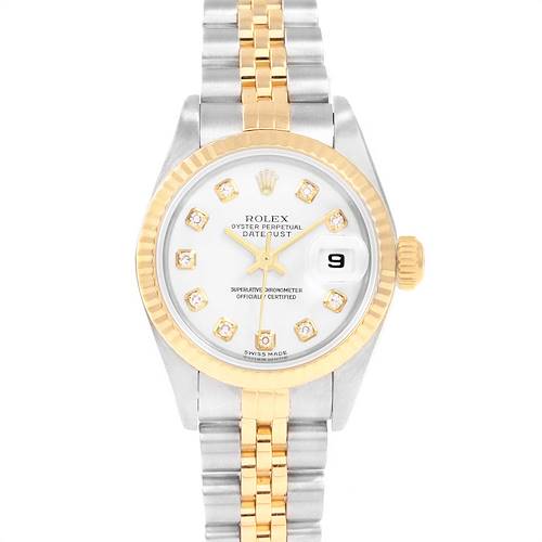 The image shows a front view of a Rolex Datejust 79173 Women's Steel and Gold (two tone) White Dial 79173 Women's Steel and Gold (two tone) White Dial watch with a gold and silver bracelet and a white dial.
