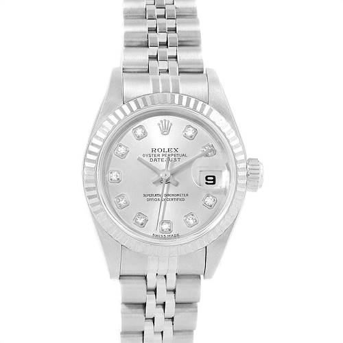 The image shows a Rolex Datejust 79174 Women's Stainless Steel Silver Dial 79174 Women's Stainless Steel Silver Dial watch from a top-down angle, displaying the dial, bezel, and bracelet.
