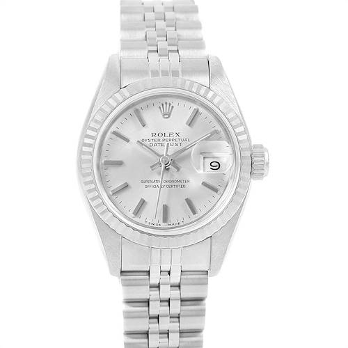 This image shows a Rolex Datejust 69174 Women's Stainless Steel Silver Dial 69174 Women's Stainless Steel Silver Dial watch from a straight-on angle, displaying the face, bezel, and part of the bracelet.