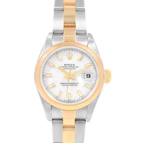 The Rolex Datejust 79163 Women's Steel and Gold (two tone) White Dial 79163 Women's Steel and Gold (two tone) White Dial model is shown from a front angle, displaying the dial, bezel, crown, and bracelet.