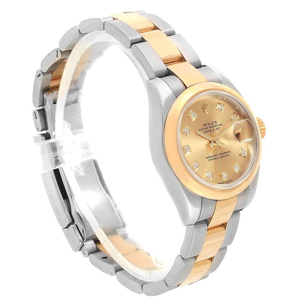This image shows a Rolex Datejust 179163 Women's Steel and Gold (two tone) Champagne Dial 179163 Women's Steel and Gold (two tone) Champagne Dial watch at a slight angle, highlighting the face, bezel, and part of the bracelet.