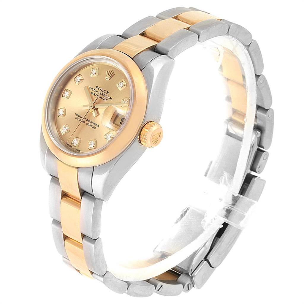 The Rolex Datejust 179163 Women's Steel and Gold (two tone) Champagne Dial 179163 Women's Steel and Gold (two tone) Champagne Dial watch is shown at a three-quarter angle, displaying the face, bezel, crown, and bracelet.