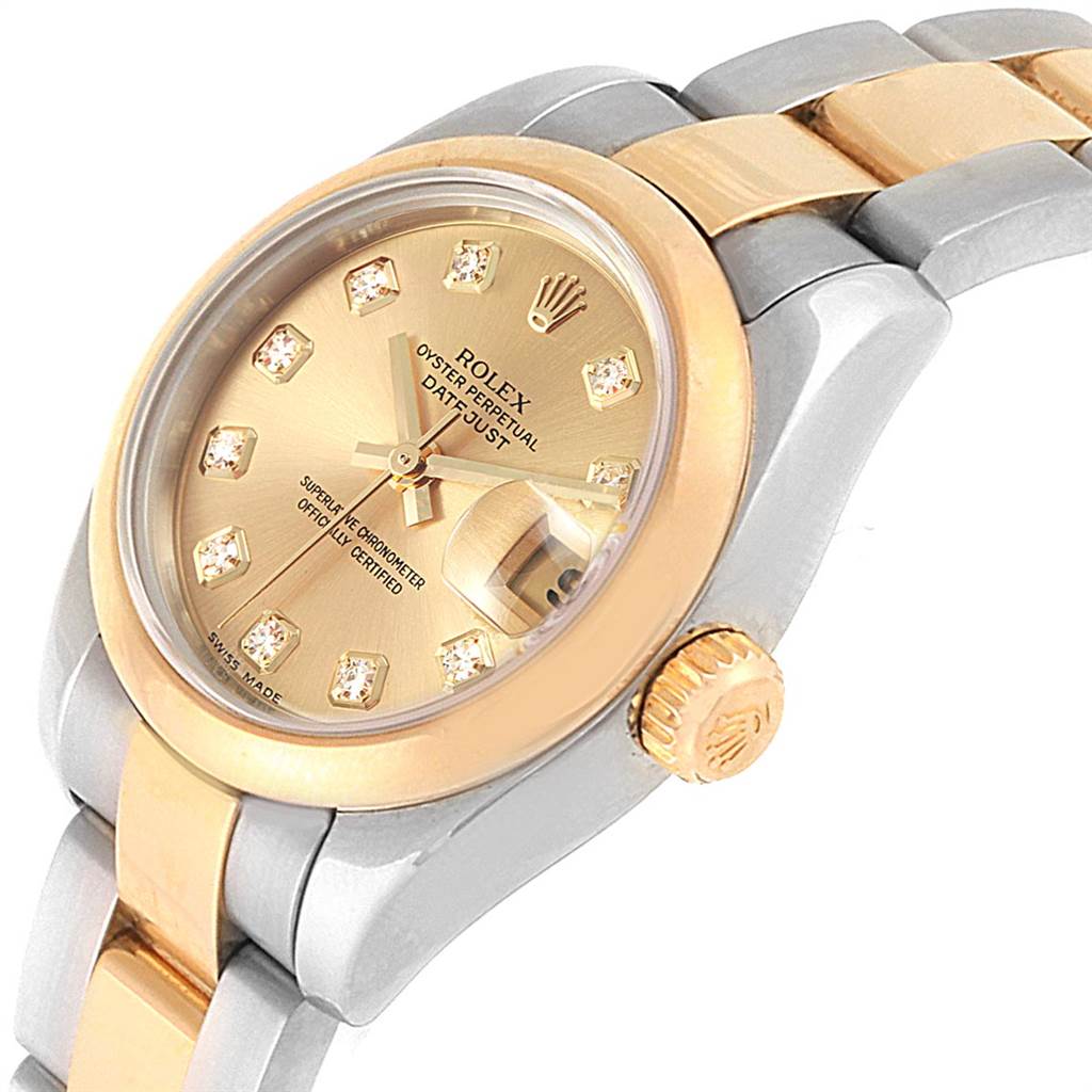This image shows a side angle of the Rolex Datejust 179163 Women's Steel and Gold (two tone) Champagne Dial 179163 Women's Steel and Gold (two tone) Champagne Dial watch, highlighting the dial, bezel, crown, and part of the bracelet.