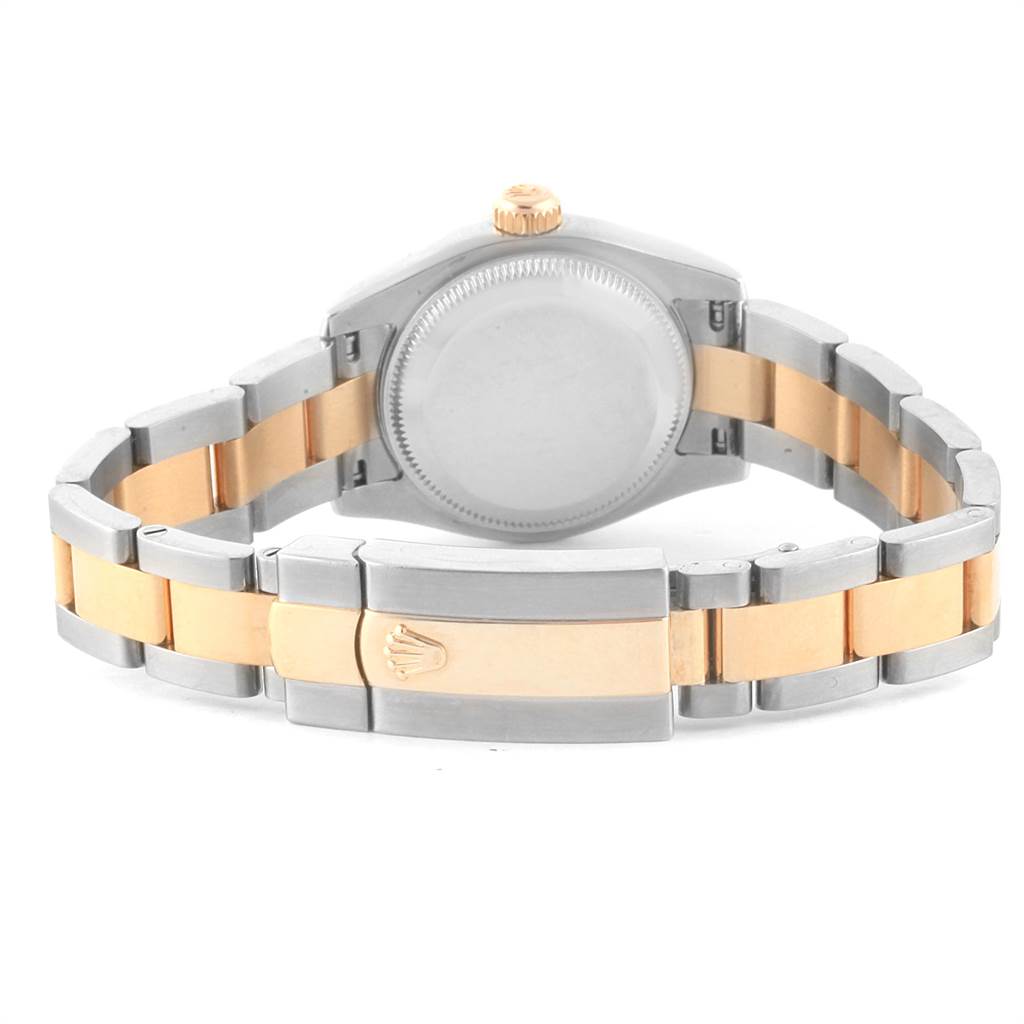 The image shows the back view of a Rolex Datejust 179163 Women's Steel and Gold (two tone) Champagne Dial 179163 Women's Steel and Gold (two tone) Champagne Dial watch, highlighting the case back and two-tone bracelet with a clasp.