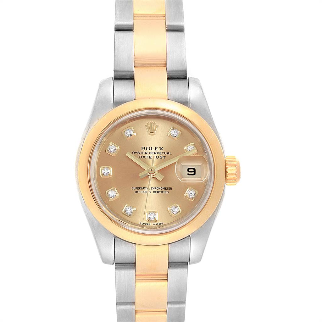 This image shows a front view of a Rolex Datejust 179163 Women's Steel and Gold (two tone) Champagne Dial 179163 Women's Steel and Gold (two tone) Champagne Dial watch, displaying its dial, bracelet, and crown.
