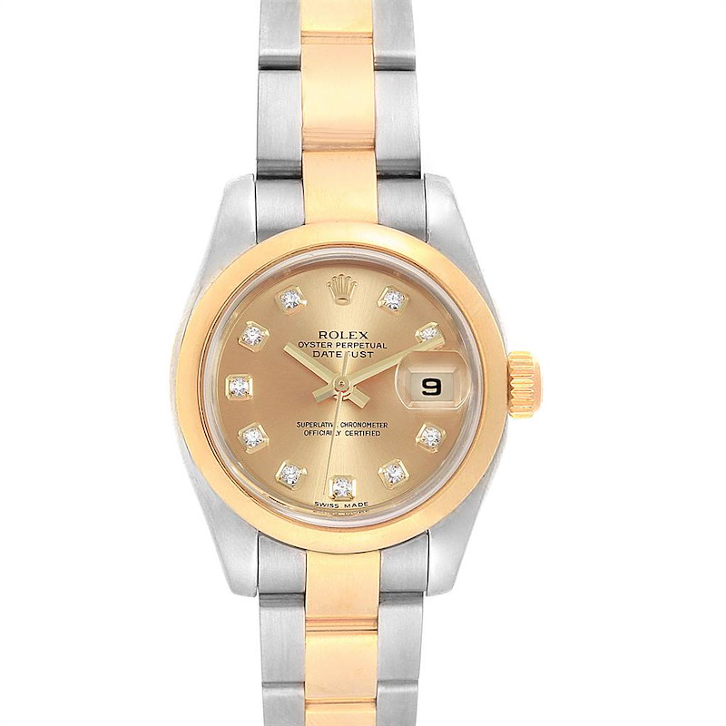 This image shows a front view of a Rolex Datejust 179163 Women's Steel and Gold (two tone) Champagne Dial 179163 Women's Steel and Gold (two tone) Champagne Dial watch, displaying its dial, bracelet, and crown.
