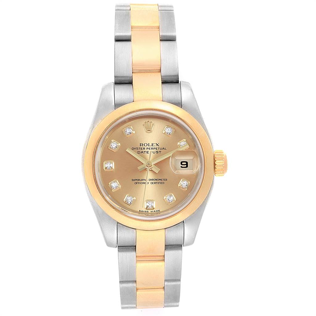 The Rolex Datejust 179163 Women's Steel and Gold (two tone) Champagne Dial 179163 Women's Steel and Gold (two tone) Champagne Dial watch is shown from a front angle.