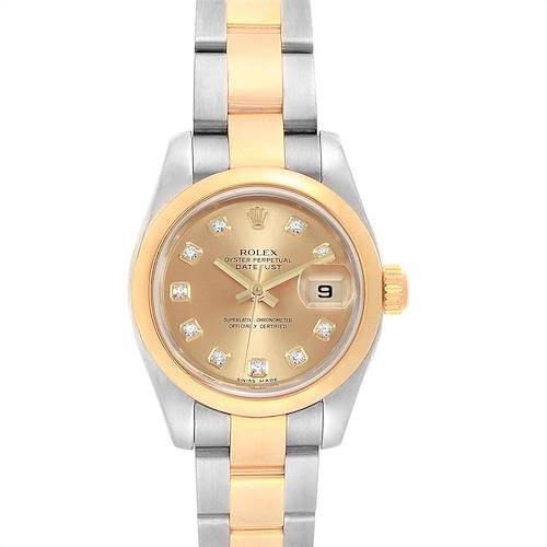 The image shows a front view of a Rolex Datejust 179163 Women's Steel and Gold (two tone) Champagne Dial 179163 Women's Steel and Gold (two tone) Champagne Dial watch, highlighting the dial, bezel, and bracelet.