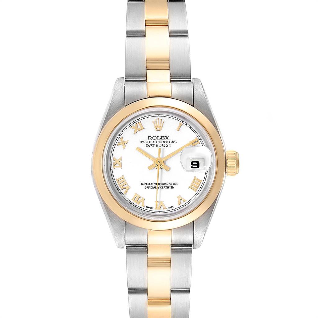 The image shows a front view of a Rolex Datejust 69163 Women's Steel and Gold (two tone) White Dial 69163 Women's Steel and Gold (two tone) White Dial watch, displaying its face, bezel, and bracelet.