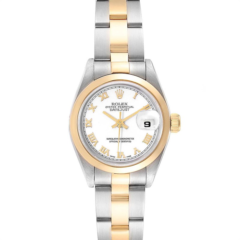 The image shows a front view of a Rolex Datejust 69163 Women's Steel and Gold (two tone) White Dial 69163 Women's Steel and Gold (two tone) White Dial watch, displaying its face, bezel, and bracelet.