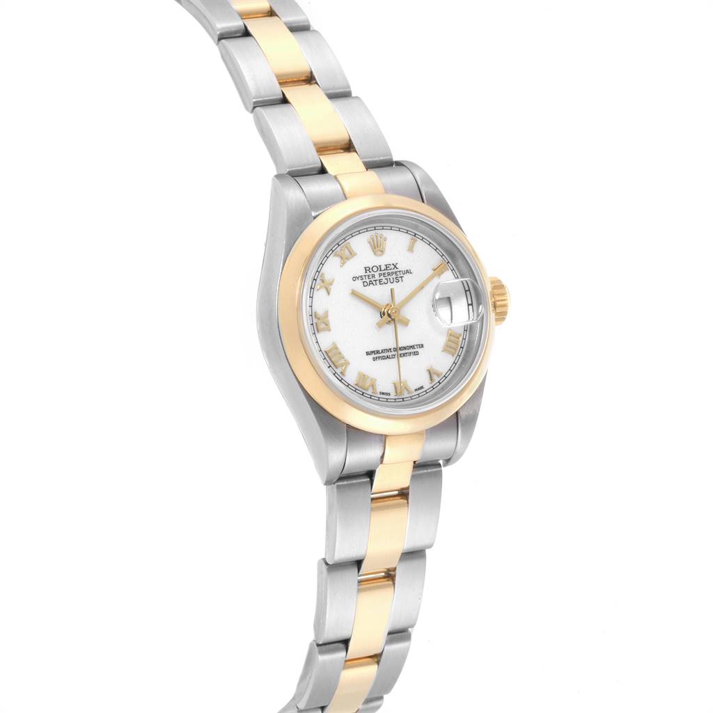 The image shows a Rolex Datejust 69163 Women's Steel and Gold (two tone) White Dial 69163 Women's Steel and Gold (two tone) White Dial watch at an angle highlighting its dial, case, and bicolor bracelet.