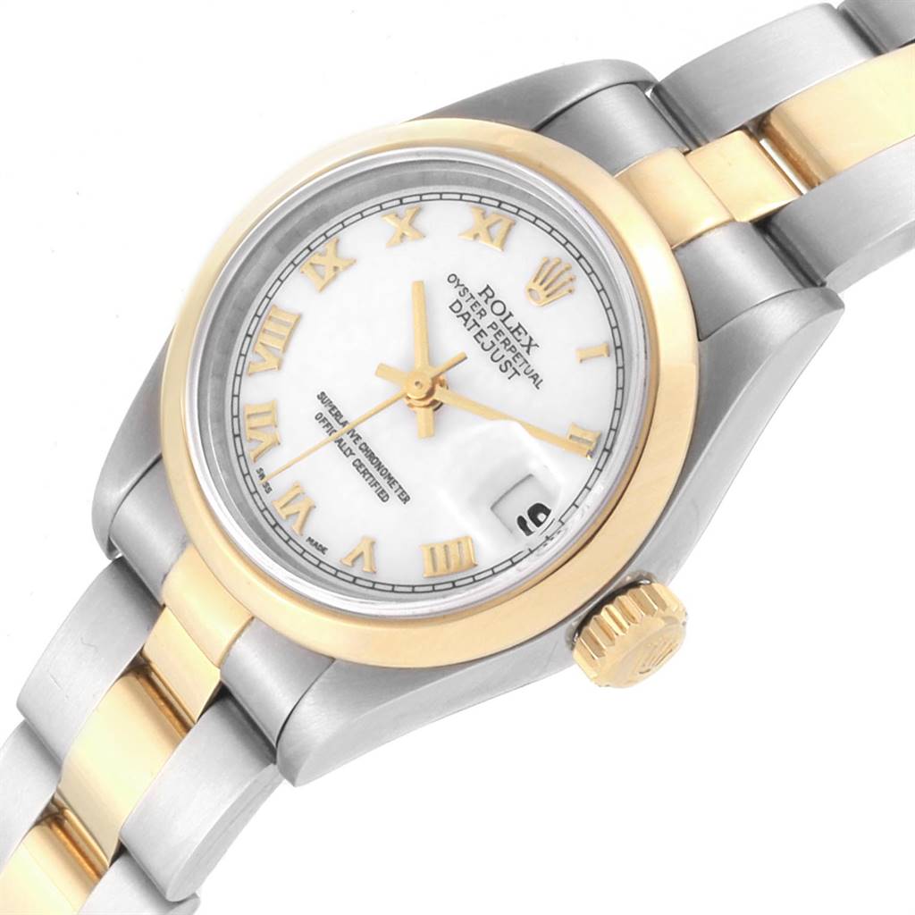 This image shows a Rolex Datejust 69163 Women's Steel and Gold (two tone) White Dial 69163 Women's Steel and Gold (two tone) White Dial watch at an oblique angle, highlighting the face, bezel, crown, and part of the bracelet.