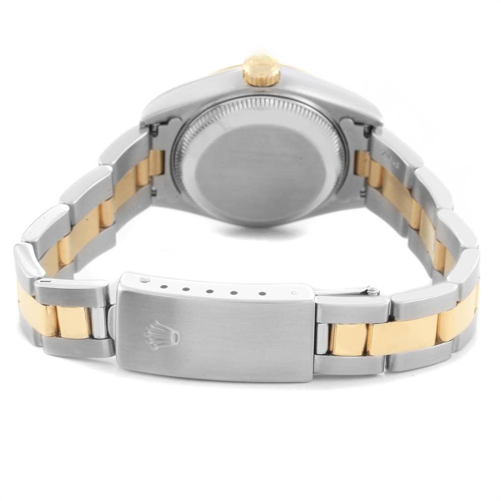 The image shows the back case and clasp of a Rolex Datejust 69163 Women's Steel and Gold (two tone) White Dial 69163 Women's Steel and Gold (two tone) White Dial watch from an angle revealing the bracelet links.