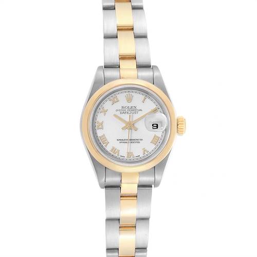 The image shows a frontal view of a Rolex Datejust 69163 Women's Steel and Gold (two tone) White Dial 69163 Women's Steel and Gold (two tone) White Dial watch, clearly displaying its dial, hands, bracelet, and date window.