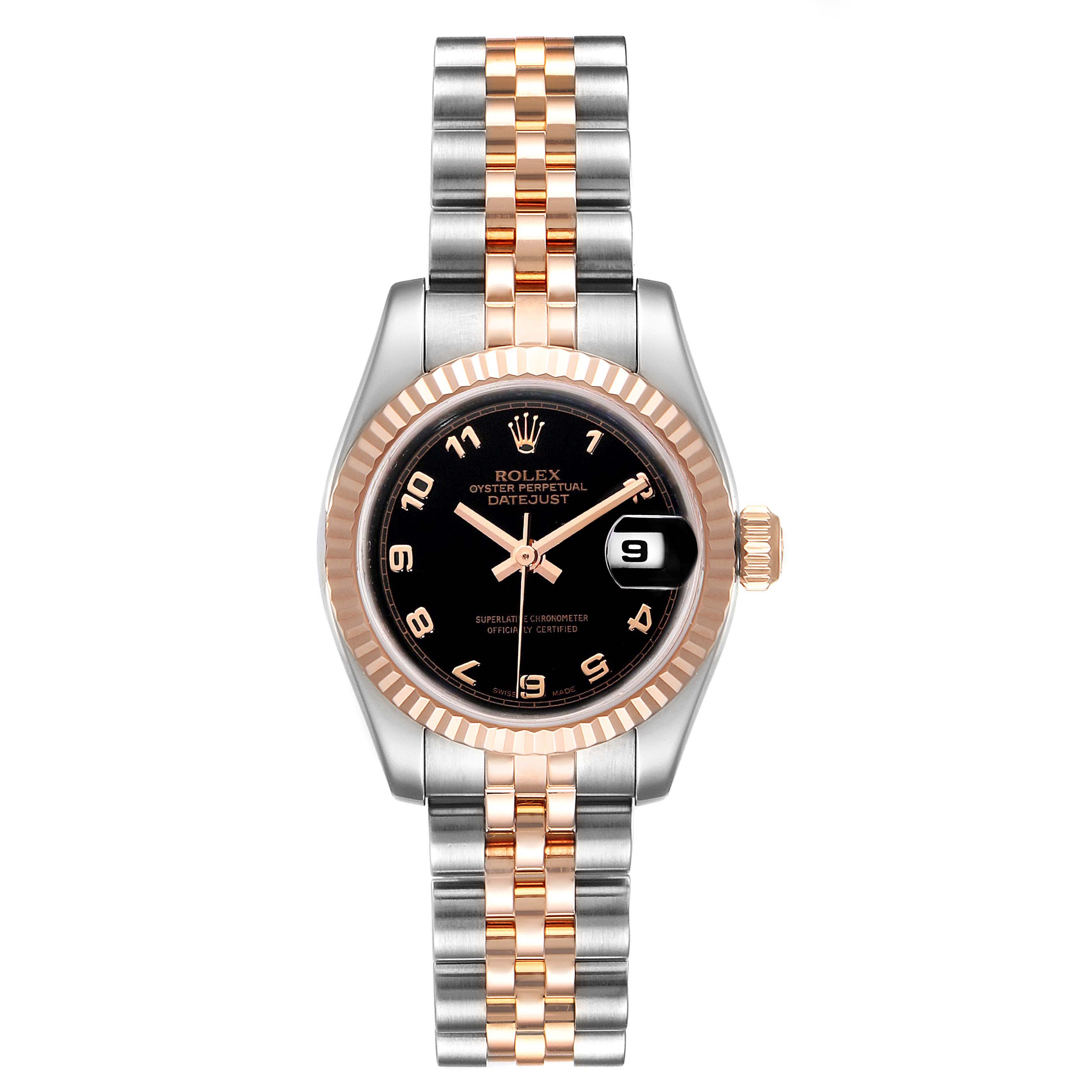 This is a top-down view of a Rolex Datejust 179171 Women's Steel and Gold (two tone) Black Dial 179171 Women's Steel and Gold (two tone) Black Dial watch, showing the face, bezel, crown, and two-tone bracelet.