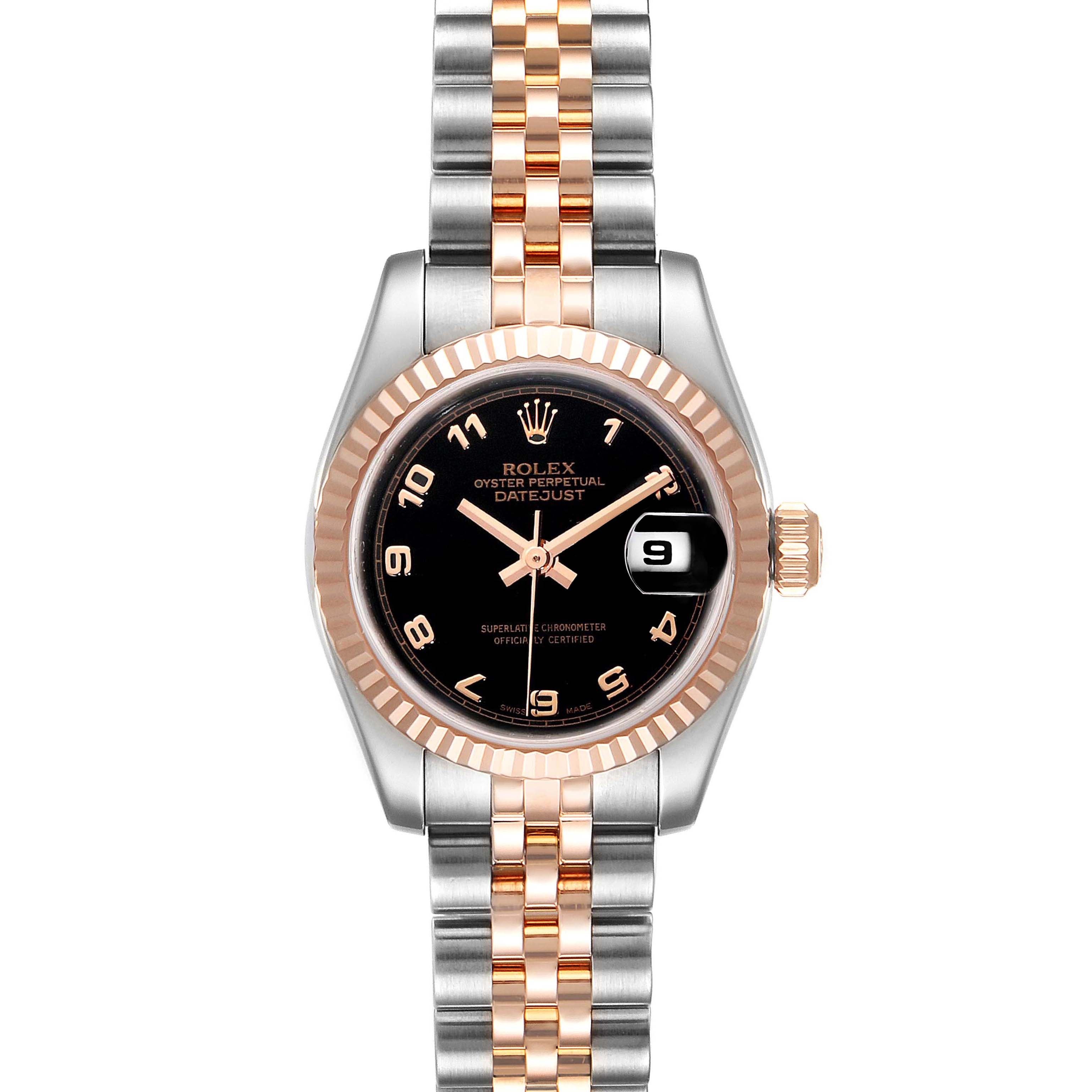 This image shows a front view of a Rolex Datejust 179171 Women's Steel and Gold (two tone) Black Dial 179171 Women's Steel and Gold (two tone) Black Dial watch, highlighting its black dial, date window, and two-tone metal bracelet.