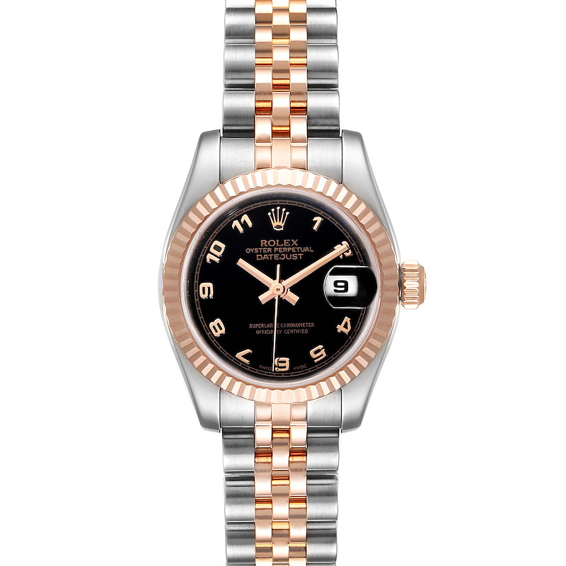 This image shows a front view of a Rolex Datejust 179171 Women's Steel and Gold (two tone) Black Dial 179171 Women's Steel and Gold (two tone) Black Dial watch, highlighting its black dial, date window, and two-tone metal bracelet.
