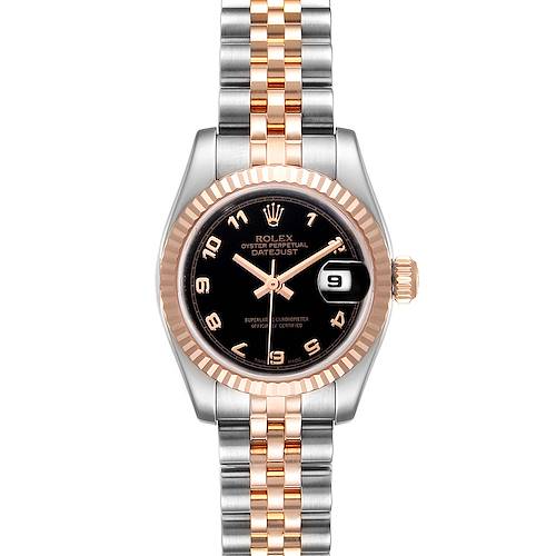 This image shows a front view of a Rolex Datejust 179171 Women's Steel and Gold (two tone) Black Dial 179171 Women's Steel and Gold (two tone) Black Dial watch, highlighting its face, bezel, and two-tone bracelet.