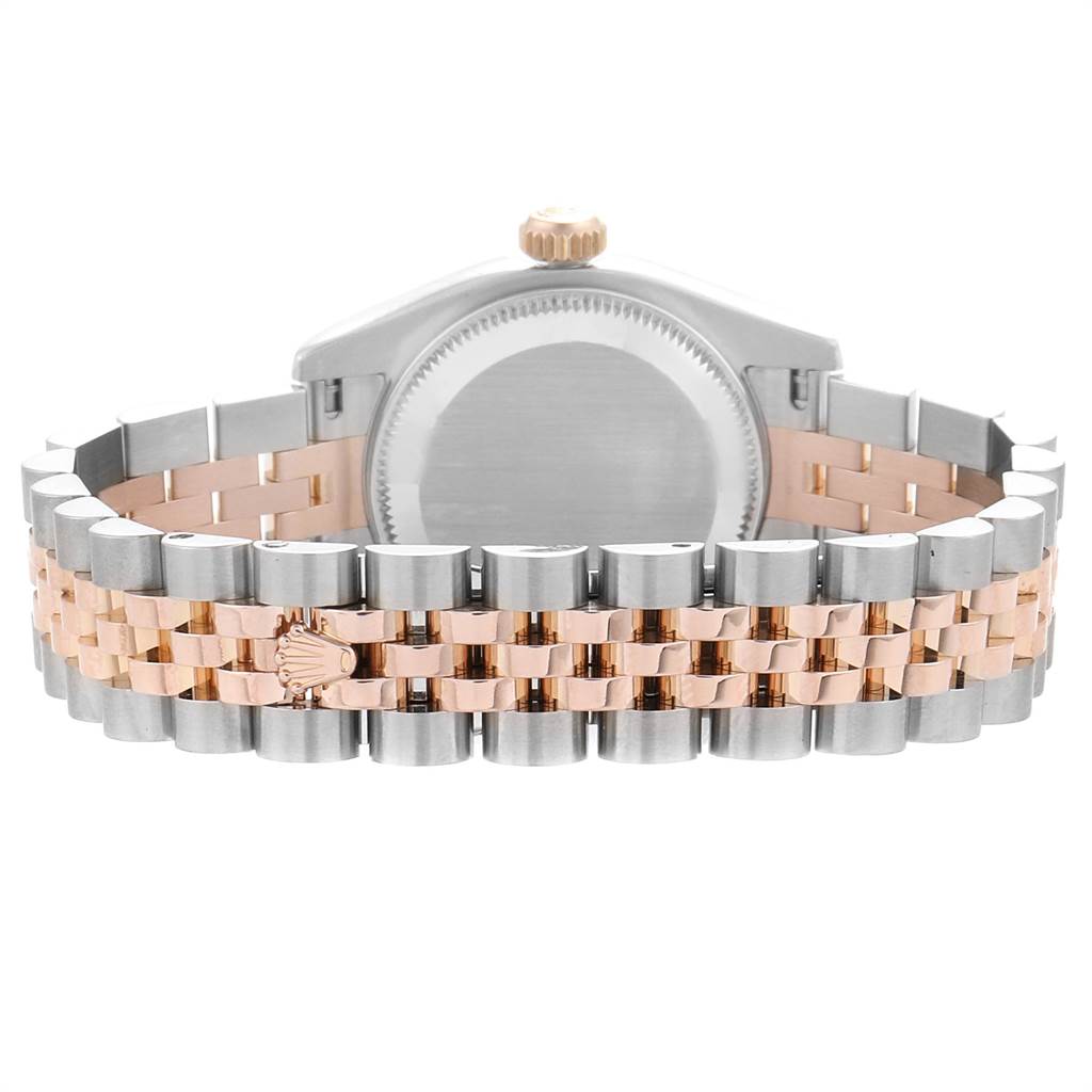 The image shows the back view of a Rolex Datejust 179171 Women's Steel and Gold (two tone) Black Dial 179171 Women's Steel and Gold (two tone) Black Dial watch, highlighting its case back, crown, and two-tone Jubilee bracelet.