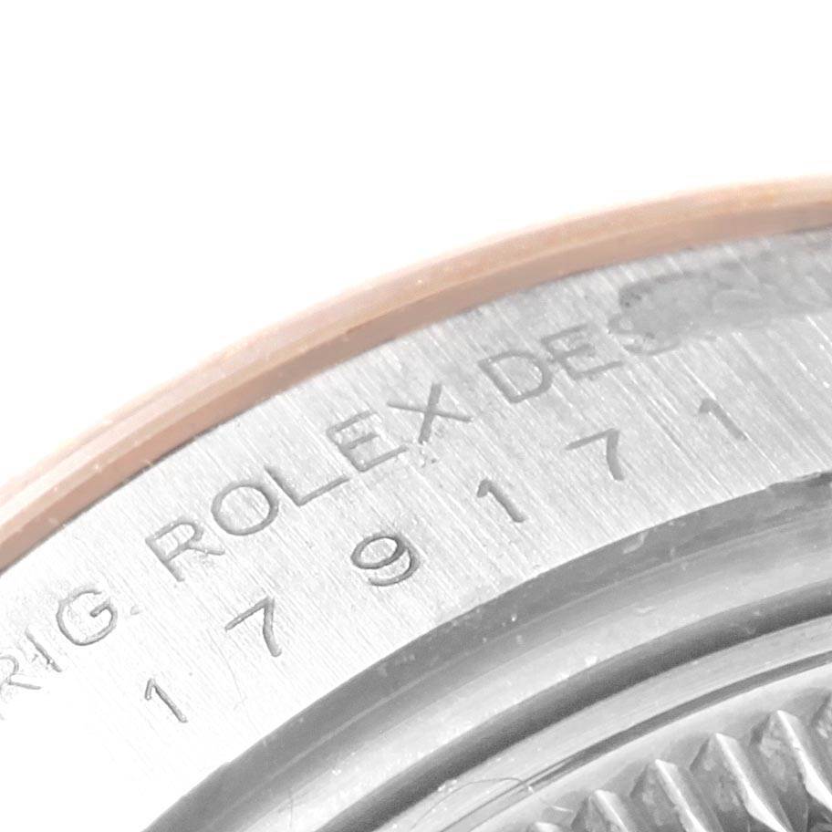 The image shows a close-up view of the engraved back case of a Rolex Datejust 179171 Women's Steel and Gold (two tone) Black Dial 179171 Women's Steel and Gold (two tone) Black Dial watch.